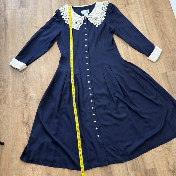 Vintage Navy Maxi Dress Lace Statement Collar Long Sleeve Modest Victorian L - Picture 10 of 13